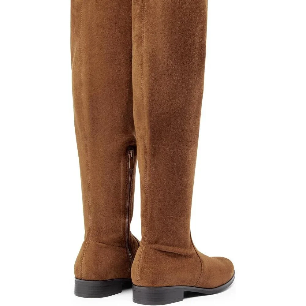 Women's Tan-suede Thigh High Low Block Heel Casual Fashion Over the Knee Boots
